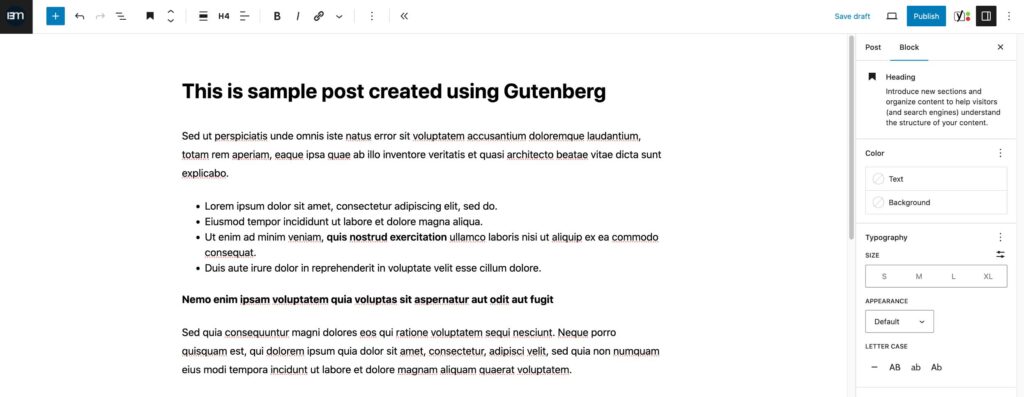 Image of creating a sample blog post using Gutenberg.
